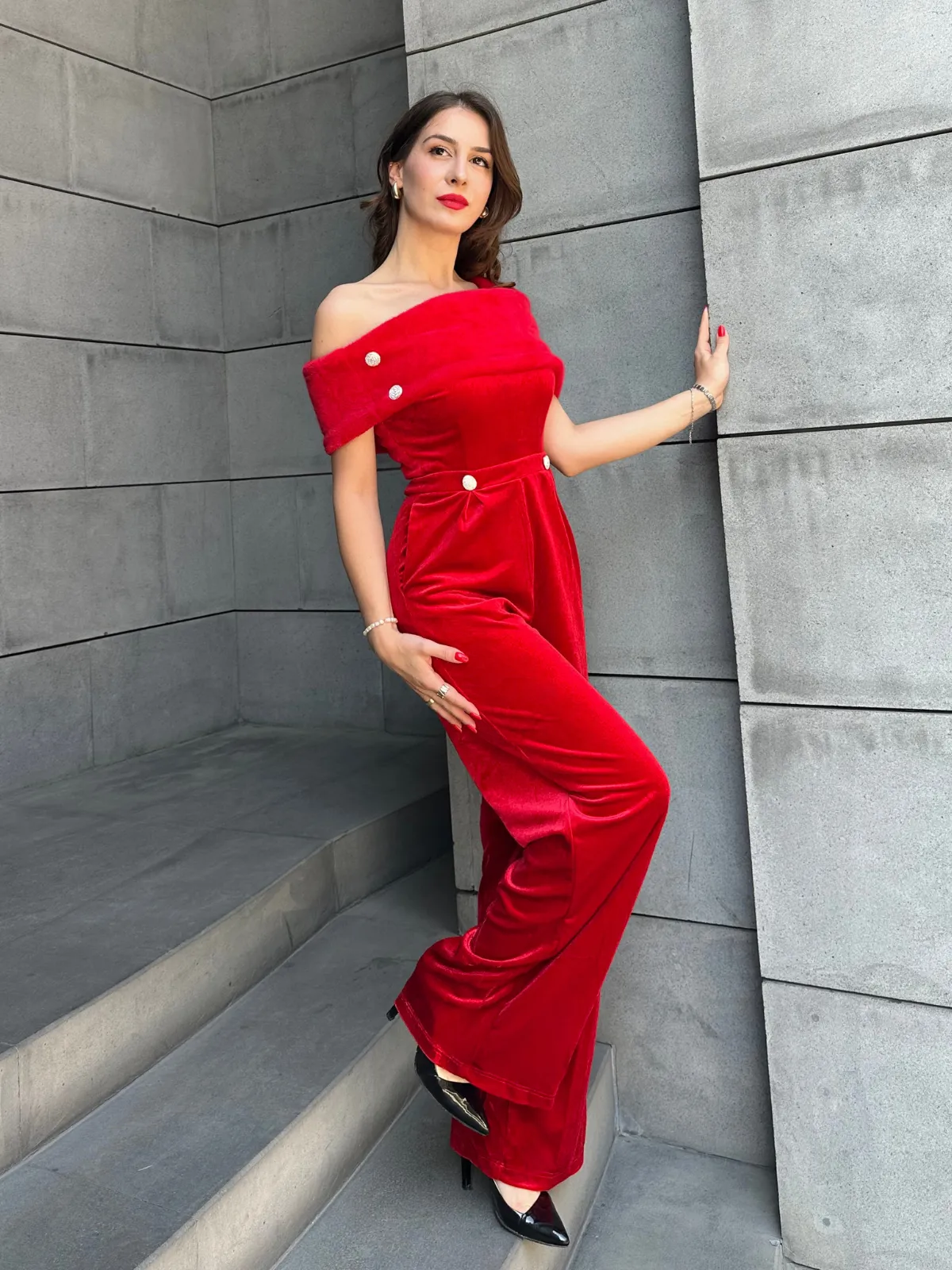 Red 1950s Velvet Off Shoulder Button Jumpsuit sold by Retro Stage product image thumbnail 2