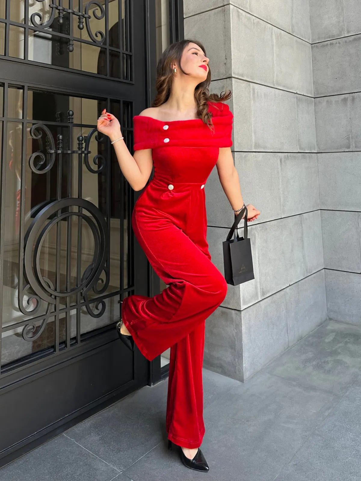 Red 1950s Velvet Off Shoulder Button Jumpsuit sold by Retro Stage