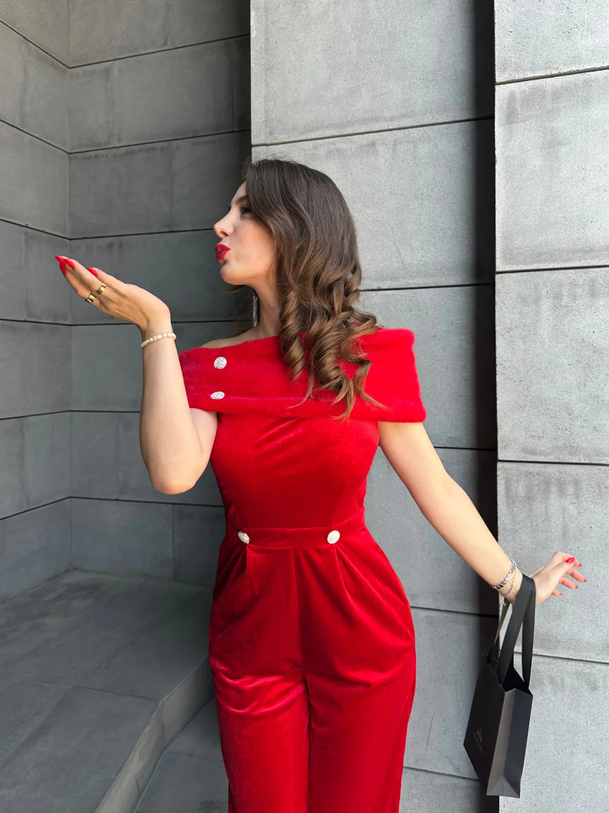 Red 1950s Velvet Off Shoulder Button Jumpsuit sold by Retro Stage product image thumbnail 3