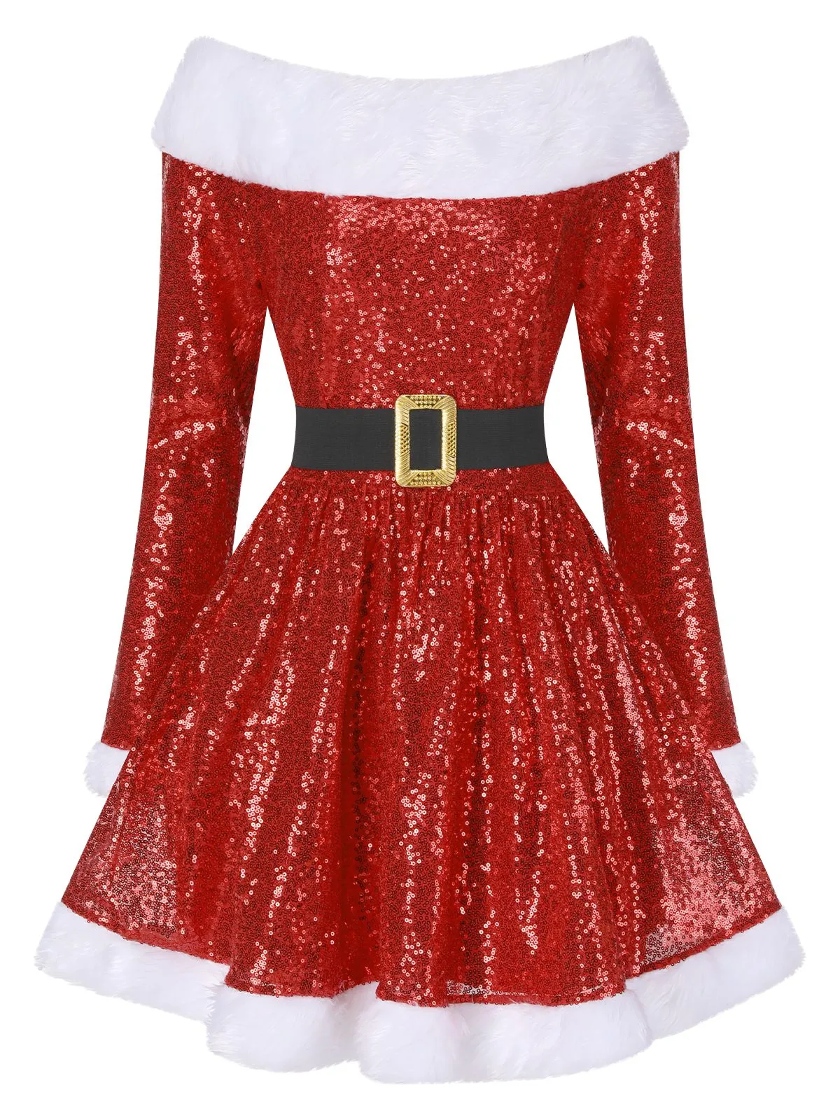 Red 1950s Christmas Off Shoulder Fur Belted Dress sold by Retro Stage product image thumbnail 2