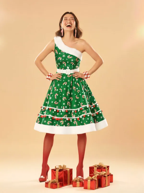 Green 1950s Candy Cane One-Shoulder Dress sold by Retro Stage