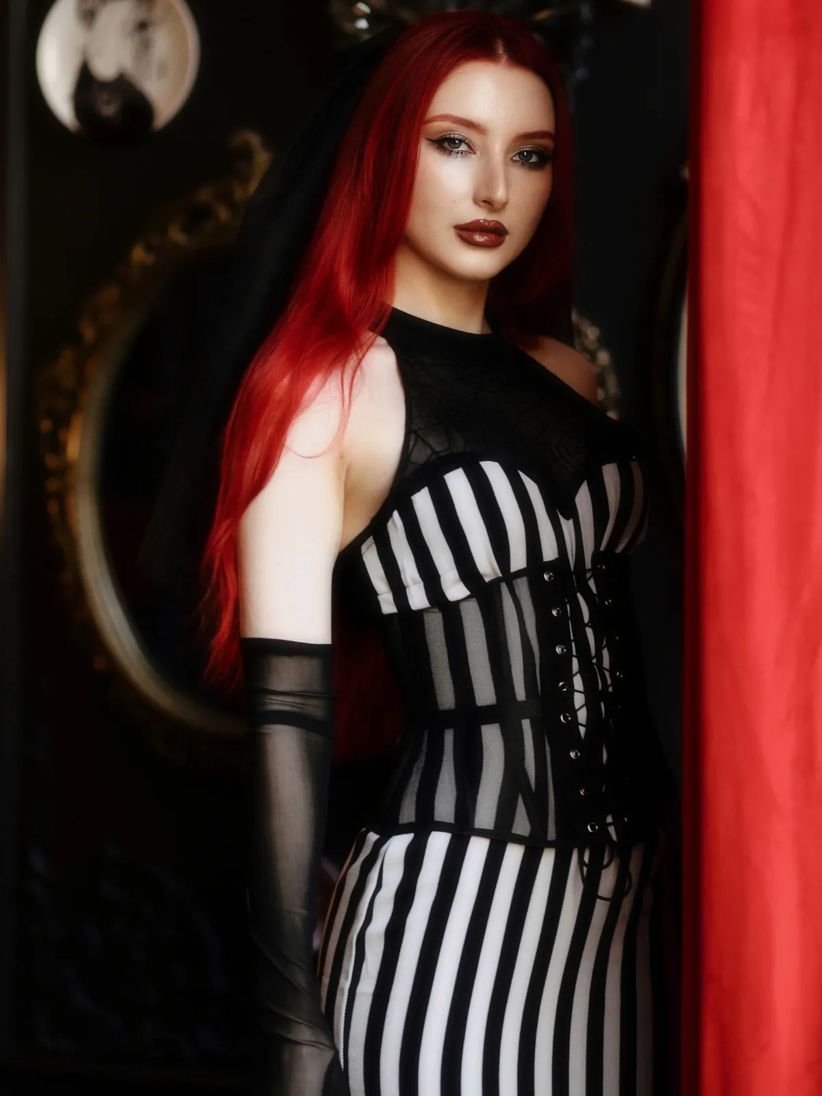 Black 1930s Spiderweb Mesh Stripe Fishtail Dress sold by Retro Stage product image thumbnail 2