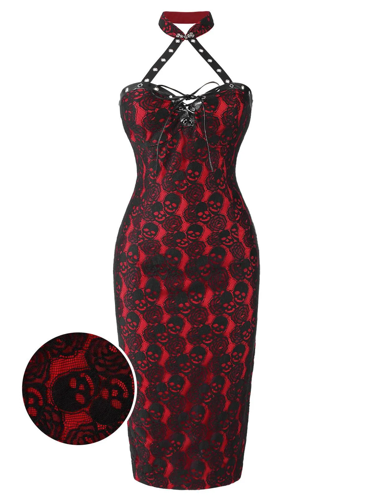 Red 1970s Skull Gothic Halter Pencil Dress sold by Retro Stage product image thumbnail 4