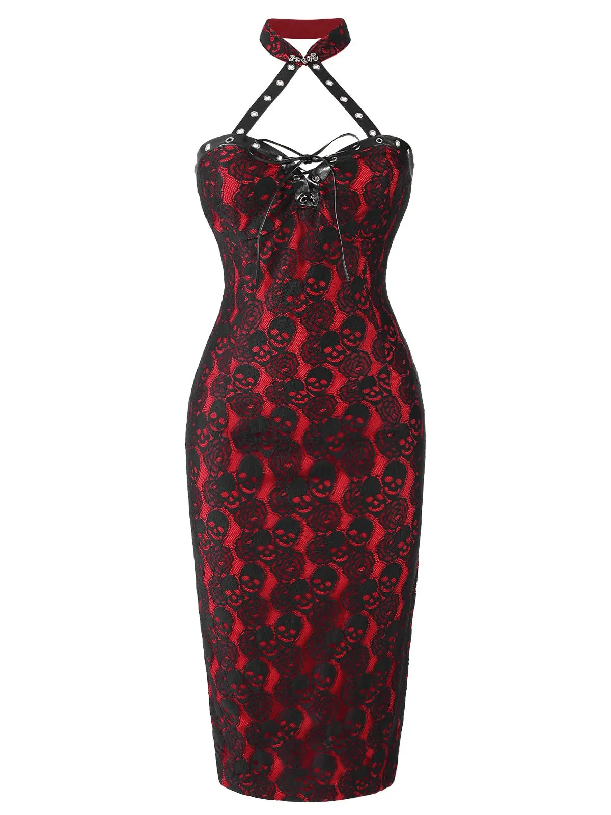 Red 1970s Skull Gothic Halter Pencil Dress sold by Retro Stage product image thumbnail 5
