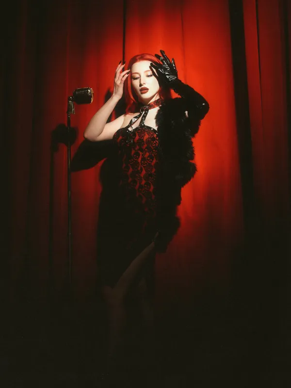 Red 1970s Skull Gothic Halter Pencil Dress sold by Retro Stage