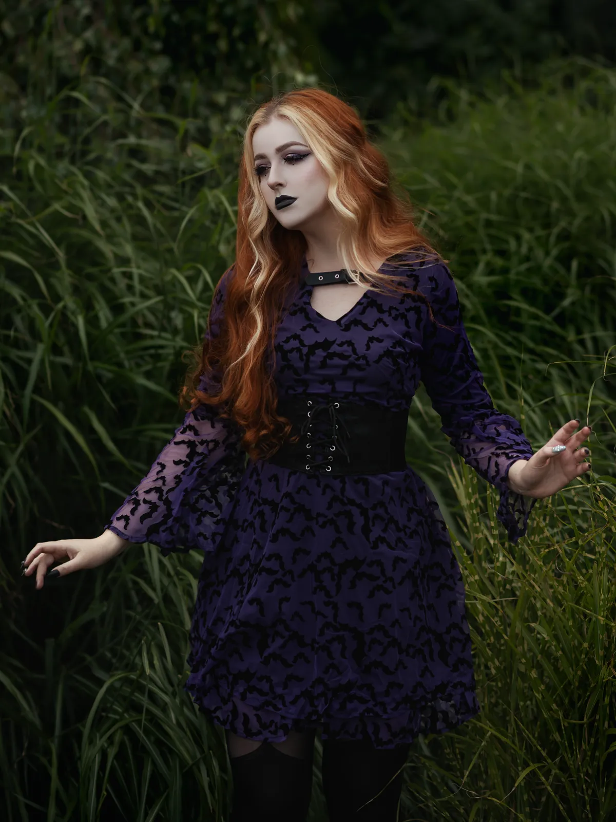 Purple 1960s Bats Mesh Bell Sleeves Dress sold by Retro Stage product image thumbnail 3