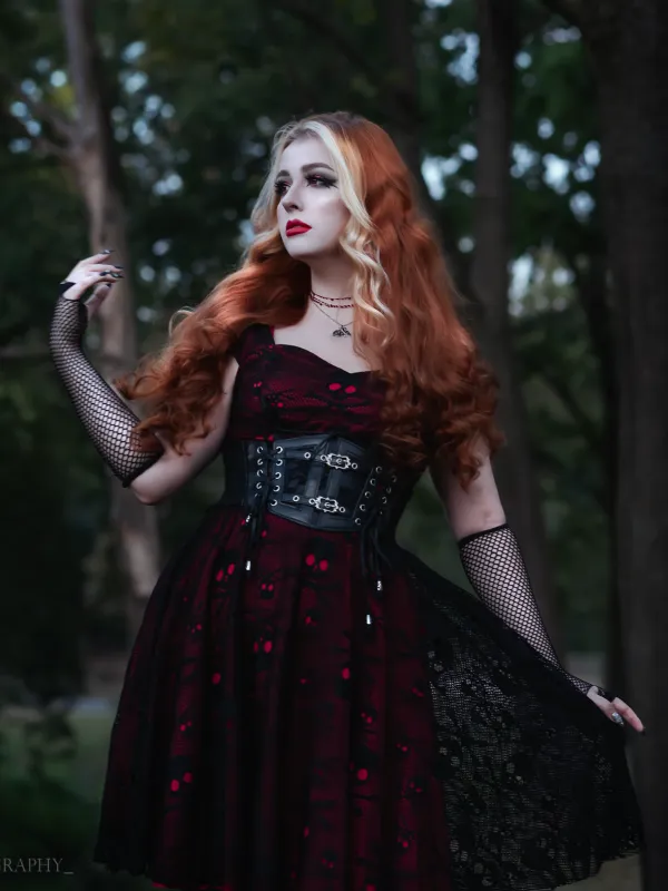 Wine Red 1950s Skull Mesh Swing Dress sold by Retro Stage