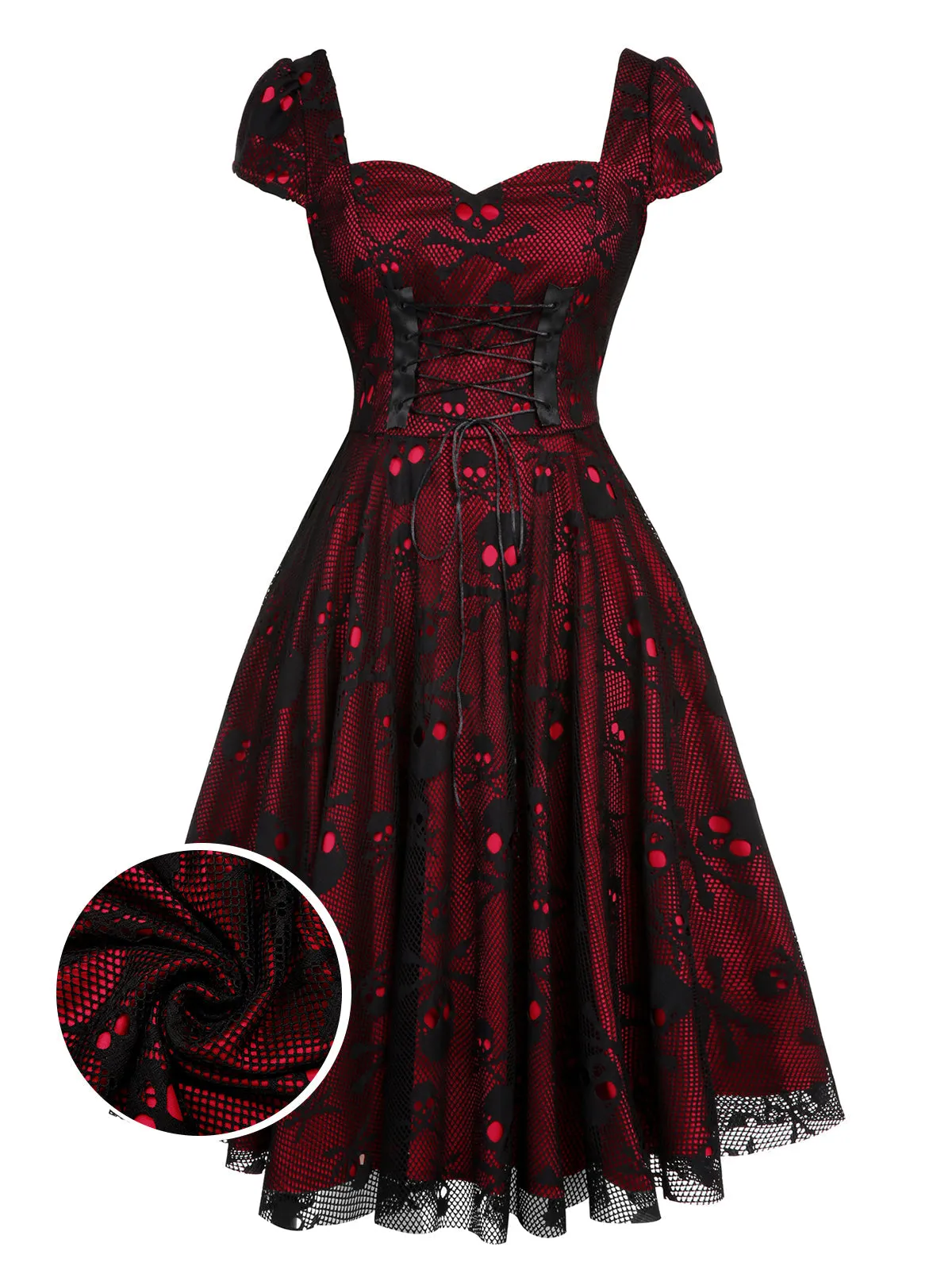 Wine Red 1950s Skull Mesh Swing Dress sold by Retro Stage product image thumbnail 5