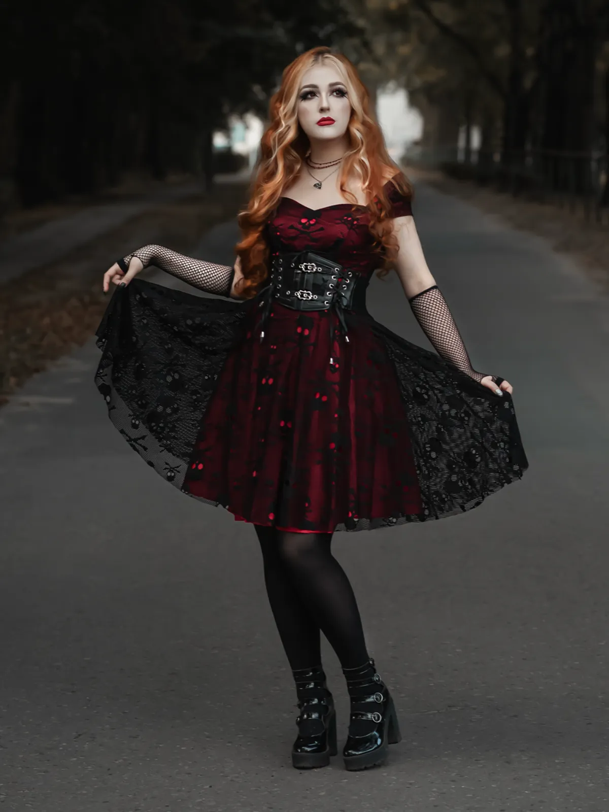 Wine Red 1950s Skull Mesh Swing Dress sold by Retro Stage product image thumbnail 2