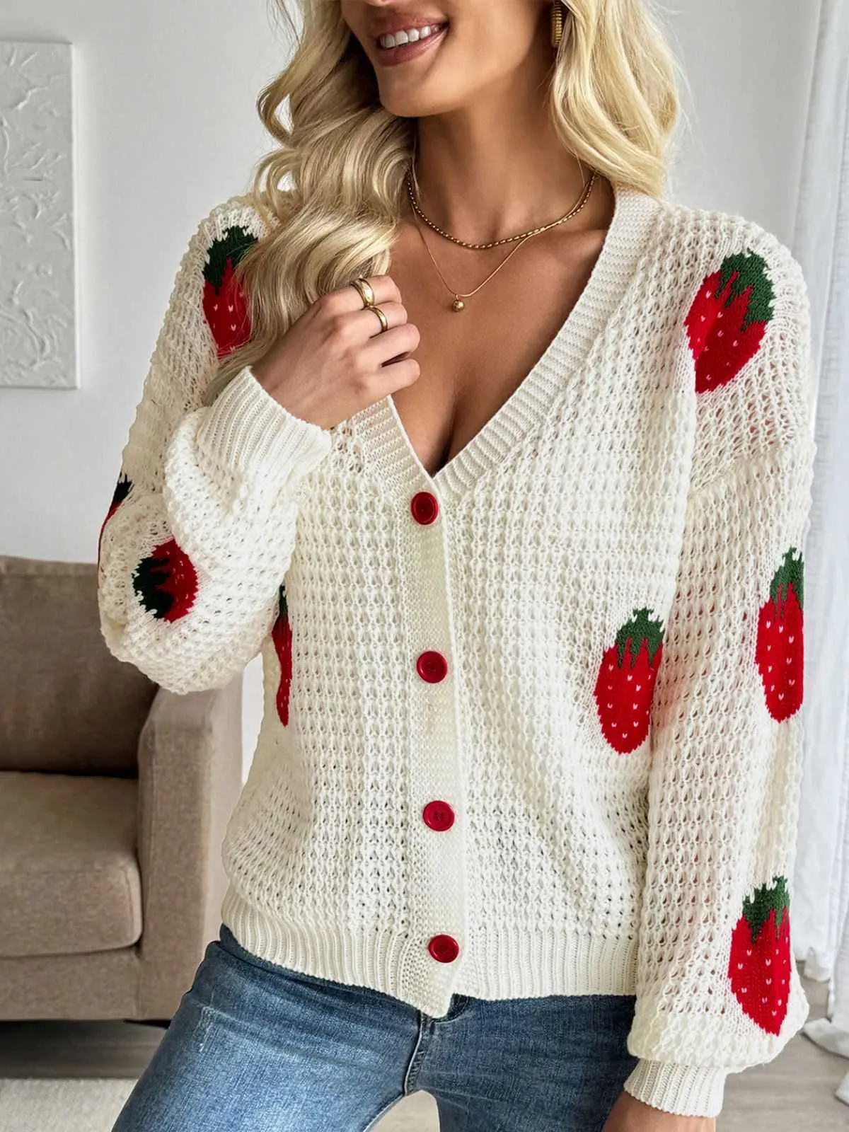 Beige 1950s Strawberry Drop Shoulder Knit Cardigan sold by Retro Stage product image thumbnail 3