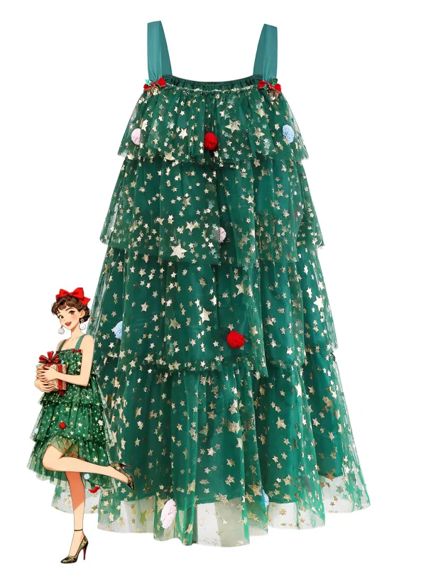 Green 1960s Christmas Tree Pom-Pom Balls Mesh Dress sold by Retro Stage