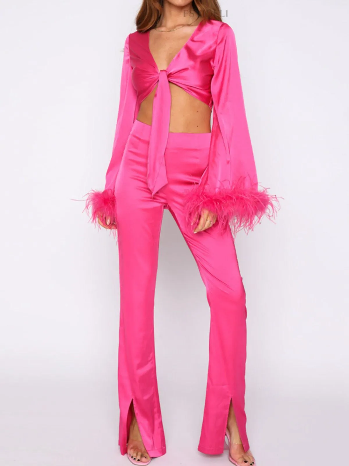 2PCS 1970s Feather Cuff Tie-Up Crop Top & Slit Pants sold by Retro Stage product image thumbnail 5