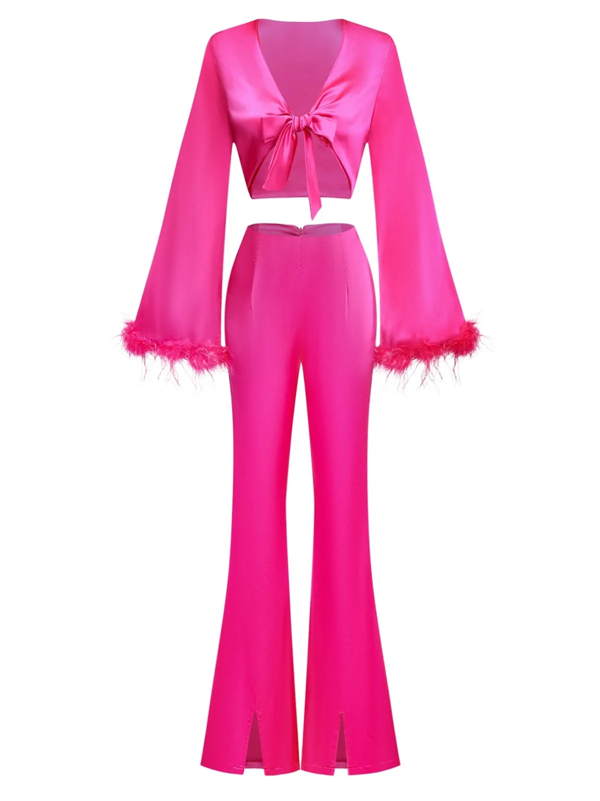 2PCS 1970s Feather Cuff Tie-Up Crop Top & Slit Pants sold by Retro Stage