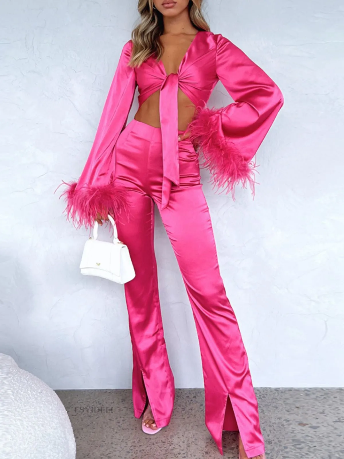 2PCS 1970s Feather Cuff Tie-Up Crop Top & Slit Pants sold by Retro Stage product image thumbnail 3