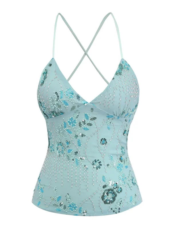 Ice Green 1980s Sequined Embroidered Floral Top sold by Retro Stage