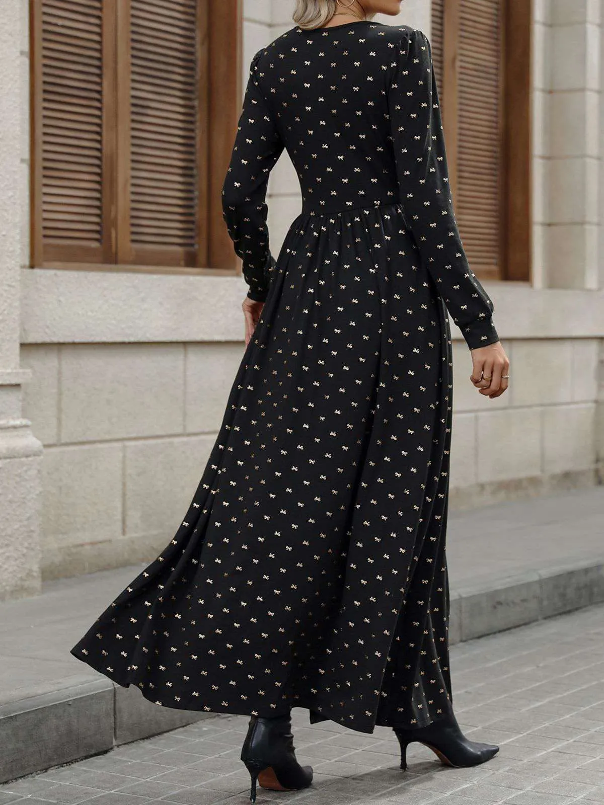 Black 1930s Gold Foil Bow V-Neck Lace Slit Dress sold by Retro Stage product image thumbnail 4