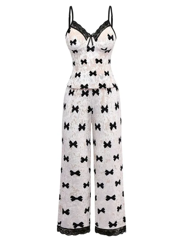 White 1940s Bow Print Velvet Pajama Set sold by Retro Stage