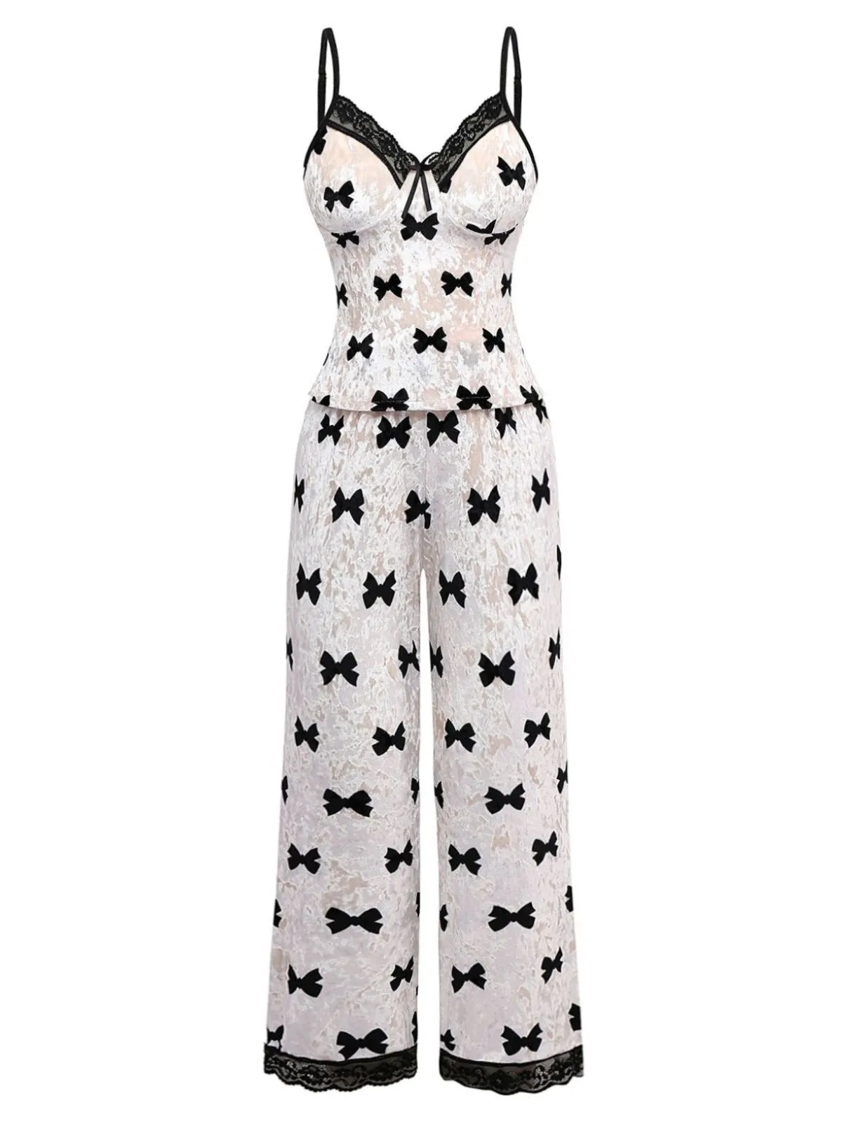 White 1940s Bow Print Velvet Pajama Set sold by Retro Stage