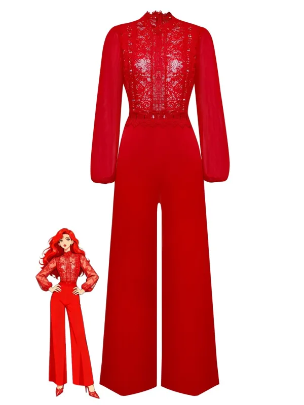 Red 1960s Solid Sheer Lace Long Sleeve Jumpsuit sold by Retro Stage