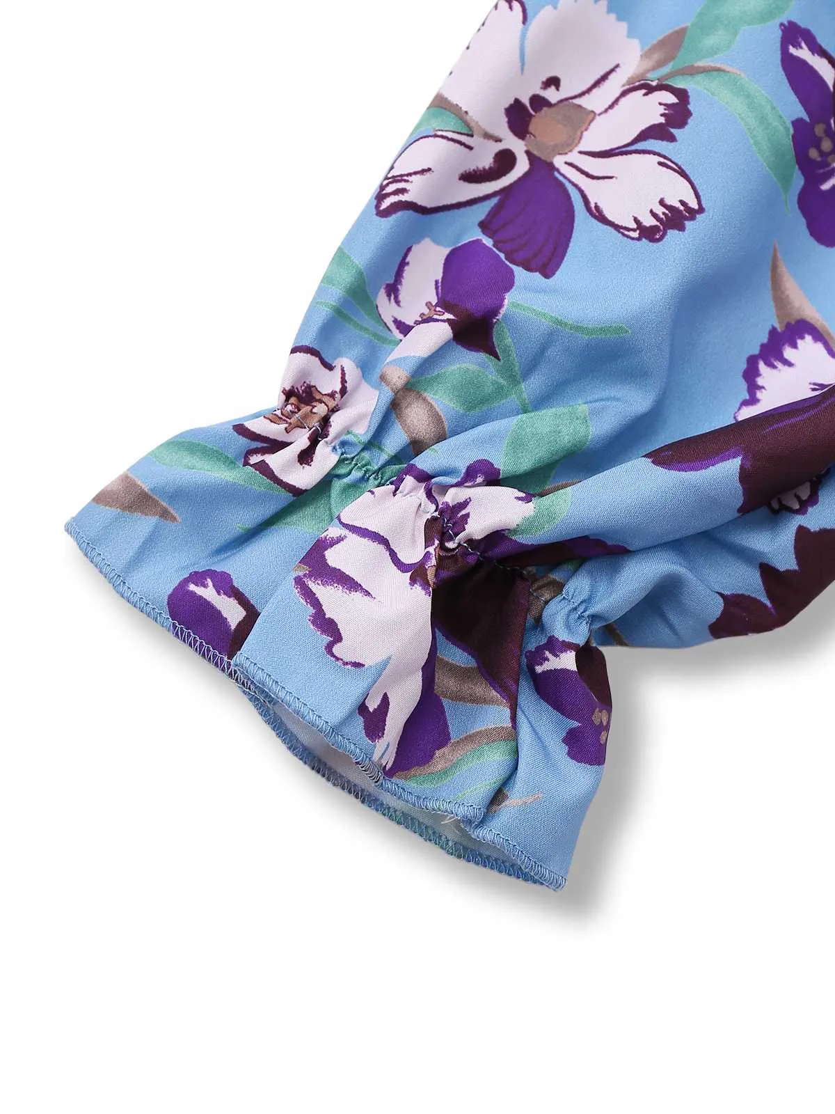 Blue 1940s V-Neck Floral Puff Sleeve Dress sold by Retro Stage product image thumbnail 3