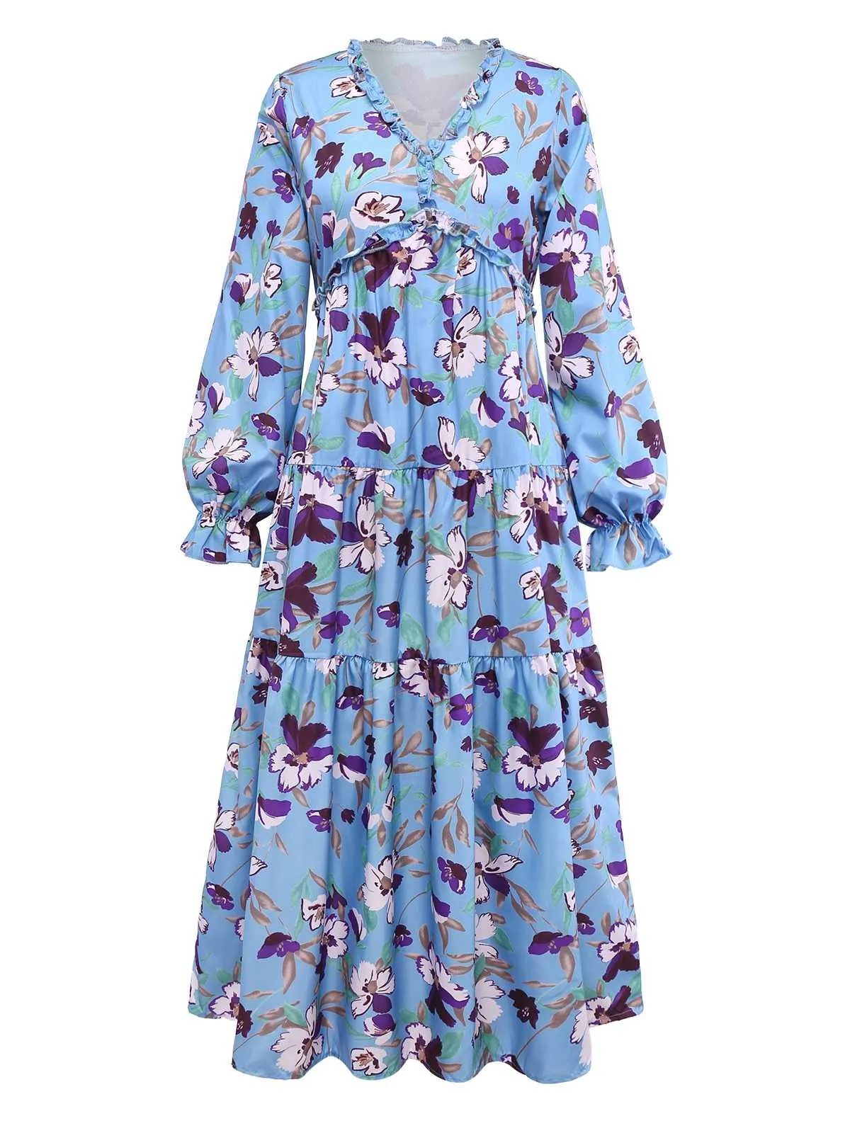 Blue 1940s V-Neck Floral Puff Sleeve Dress sold by Retro Stage