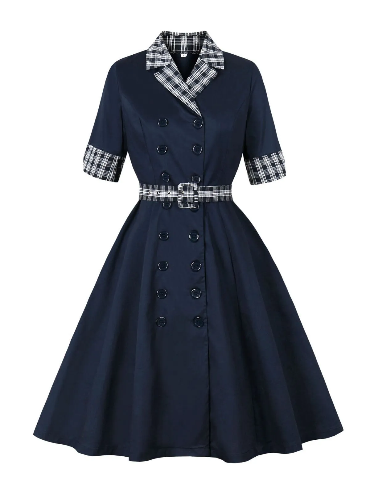 Blue 1950s Double Breasted Plaid Lapel Belted Dress sold by Retro Stage