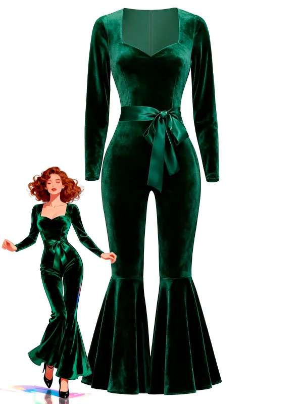 Green 1970s Sweetheart Flare Leg Velvet Jumpsuit sold by Retro Stage
