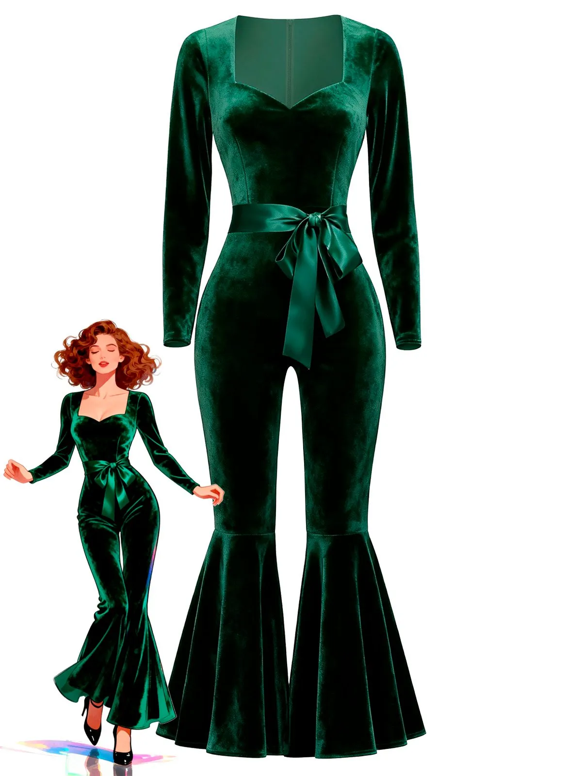 Green 1970s Sweetheart Flare Leg Velvet Jumpsuit sold by Retro Stage