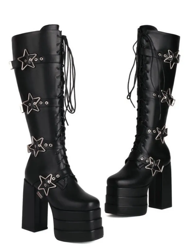 Black Star Button Gothic Platform High Heels Boots sold by Retro Stage