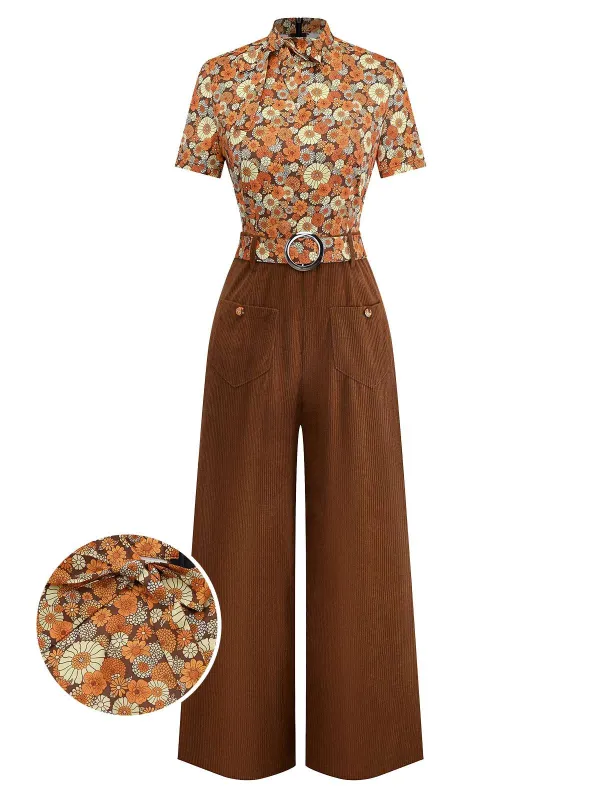 [Pre-Sale] Orange 1970s Daisy Corduroy Patchwork Tie Neck Jumpsuit sold by Retro Stage