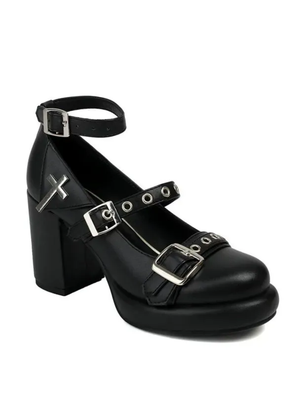 Punk Cross Buckle Ankle Strap Chunky High Heels sold by Retro Stage