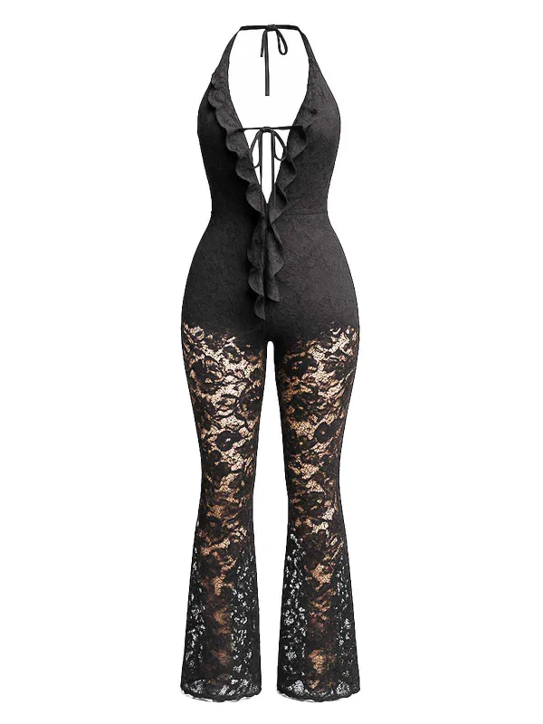 Black 1970s Halter Deep V-Neck Lace Jumpsuit sold by Retro Stage