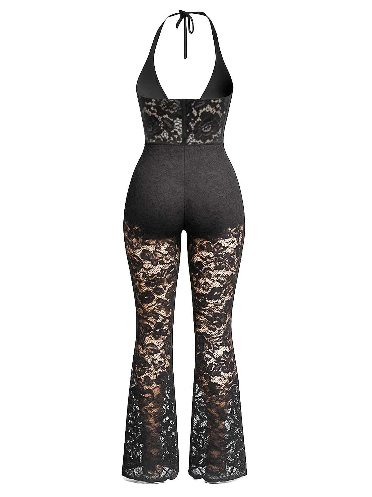 Black 1970s Halter Deep V-Neck Lace Jumpsuit sold by Retro Stage product image thumbnail 2