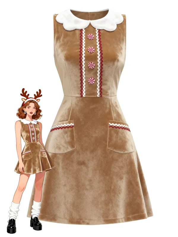 [Pre-Sale] Brown 1960s Christmas Gingerbread Velvet Dress sold by Retro Stage