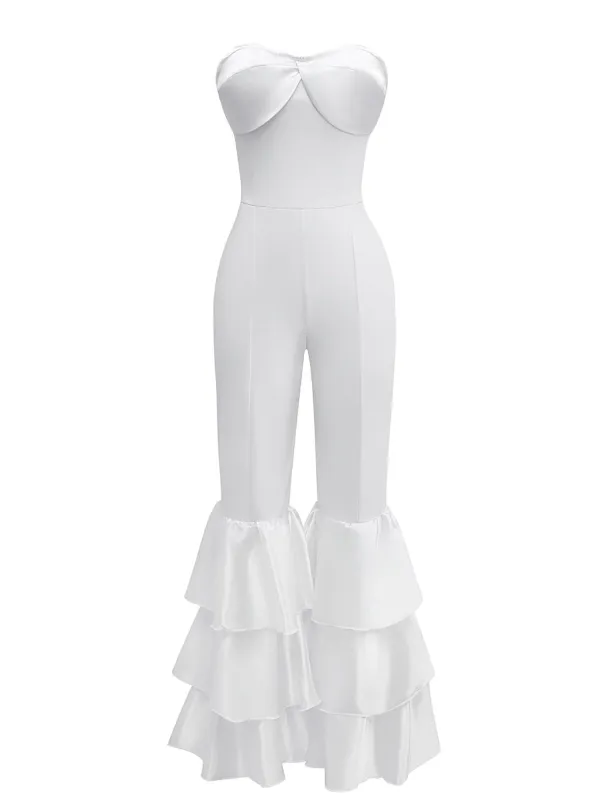 1970s Boho Strapless Solid Pleated Ruffle Jumpsuit sold by Retro Stage