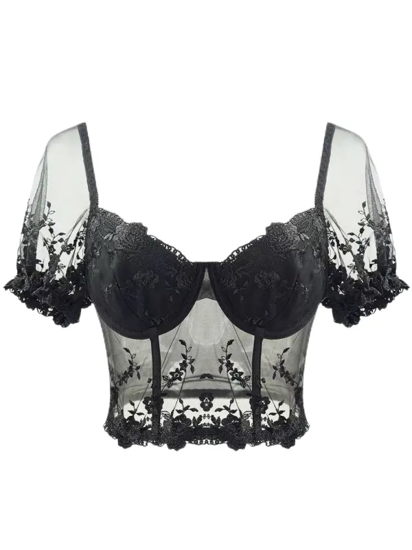 Black 1970s Puff Sleeve Lace Corset Top sold by Retro Stage