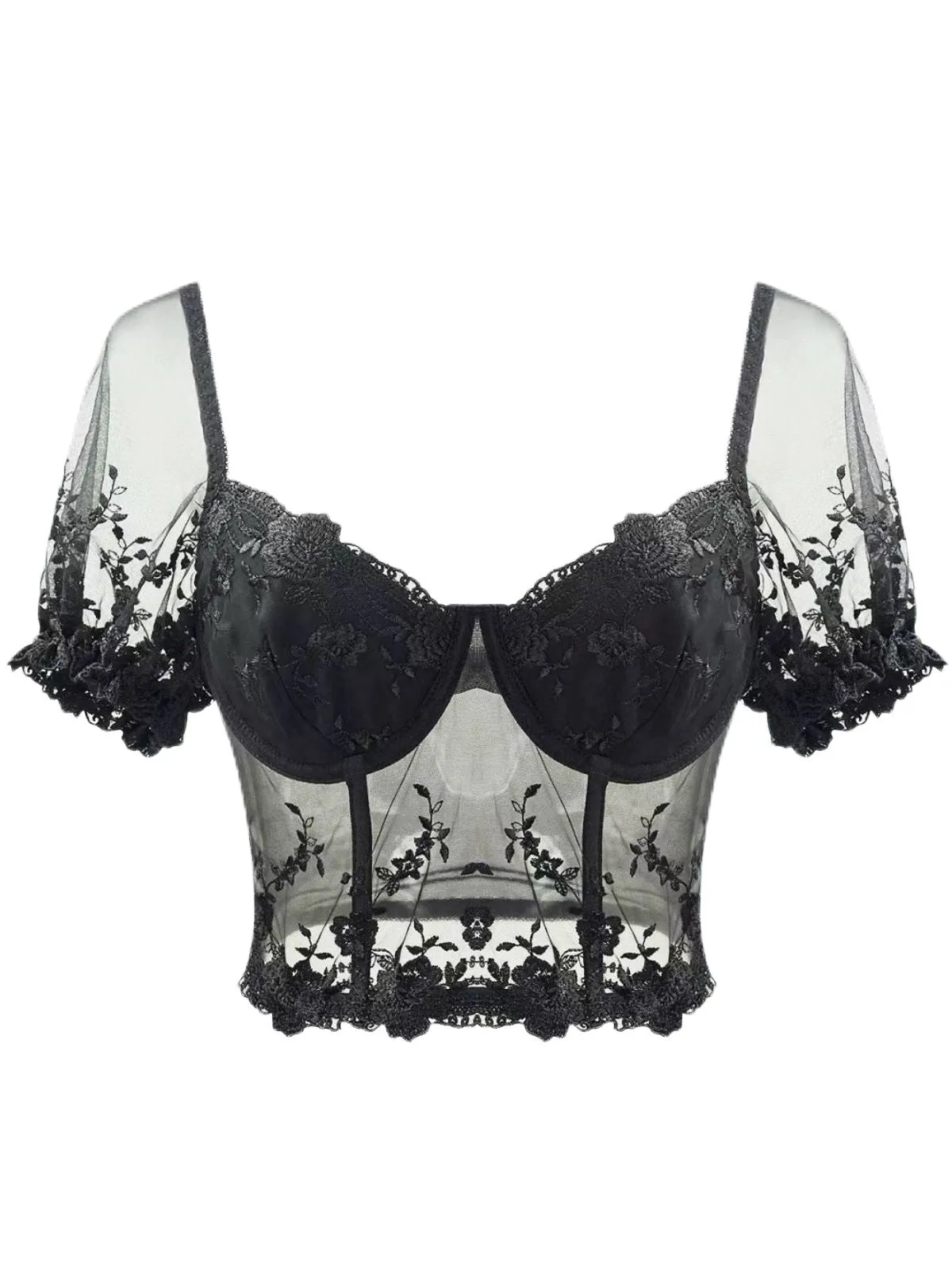 Black 1970s Puff Sleeve Lace Corset Top sold by Retro Stage