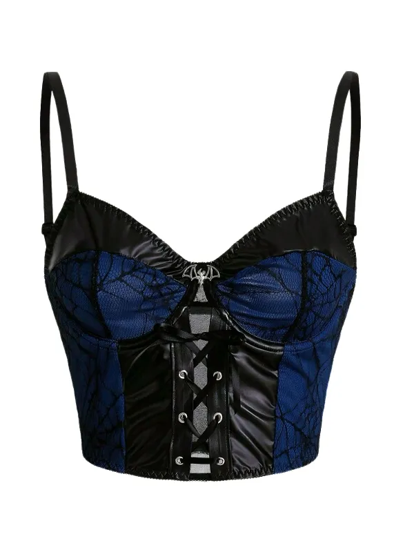Dark Blue 1980s Punk Lace Patchwork Corset Top sold by Retro Stage