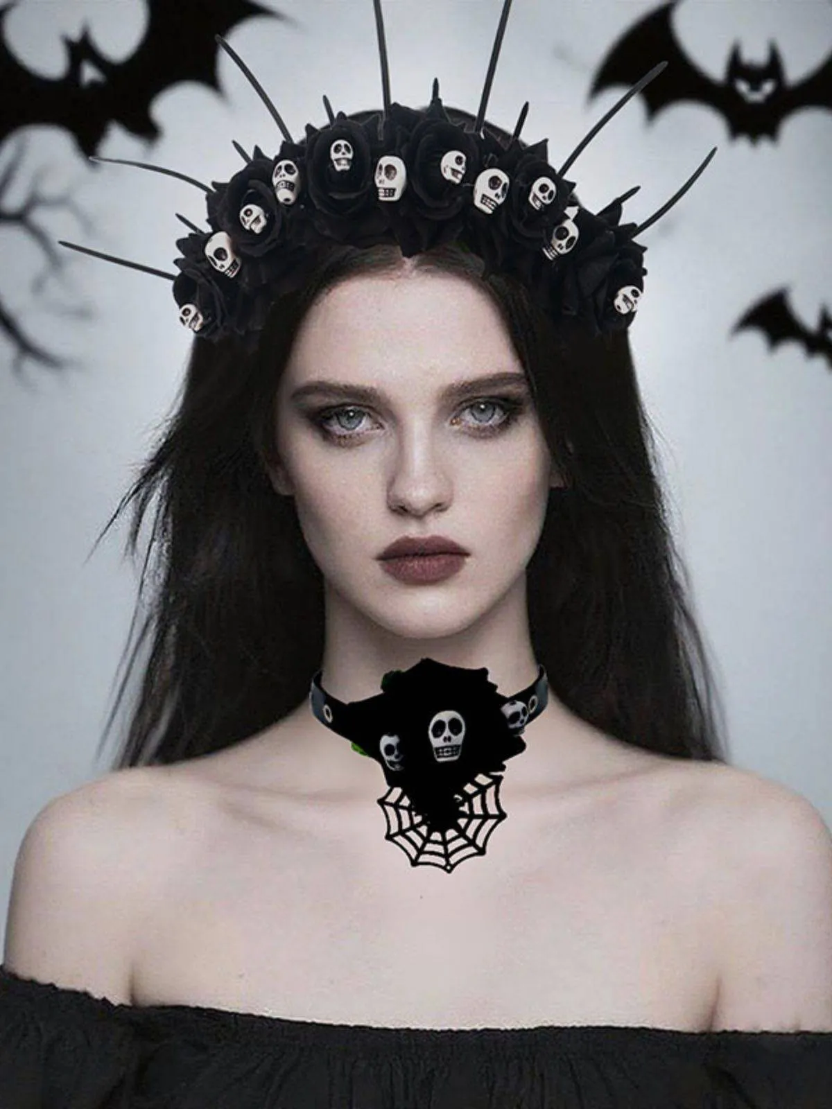 Gothic Skull Rose Halloween Headband & Necklace sold by Retro Stage