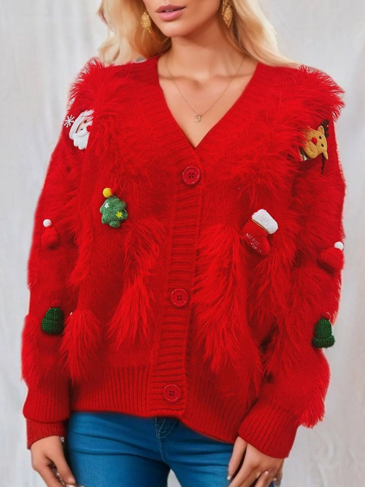 1970s 3D Christams Print Fluffy Knit Button Cardigan sold by Retro Stage product image thumbnail 2