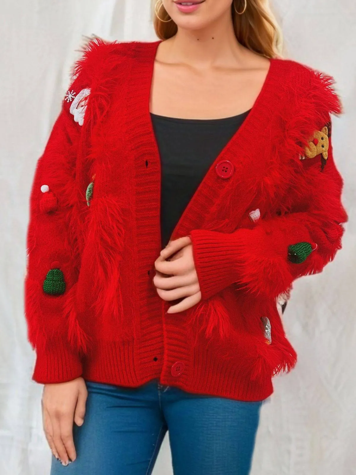 1970s 3D Christams Print Fluffy Knit Button Cardigan sold by Retro Stage product image thumbnail 3