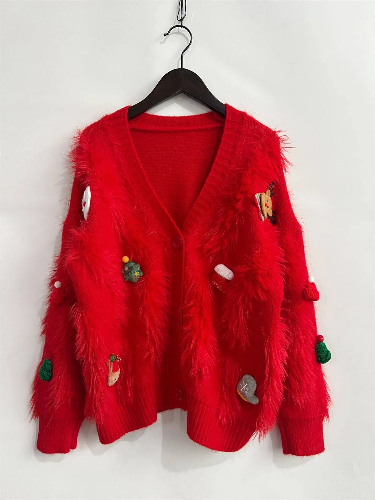 1970s 3D Christams Print Fluffy Knit Button Cardigan sold by Retro Stage product image thumbnail 5