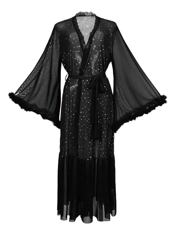 Black 1970s Sheer Glitter Mesh Belted Robes sold by Retro Stage