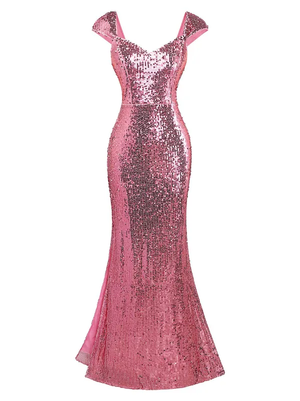 Pink 1920s Sequin Cap-Sleeve High Slit Maxi Dress sold by Retro Stage