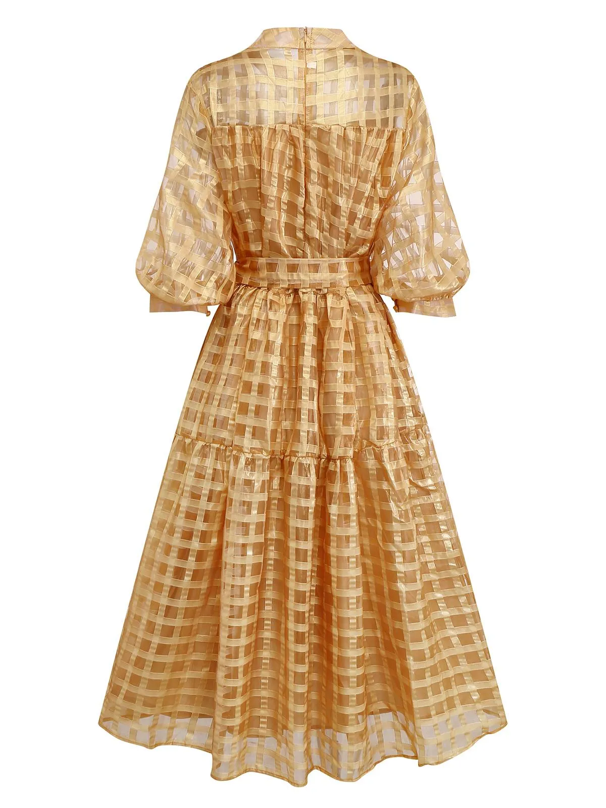 Gold 1940s Sheer Grid Puff-Sleeve Belted Midi Party Dress sold by Retro Stage product image thumbnail 3