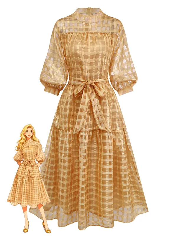 Gold 1940s Sheer Grid Puff-Sleeve Belted Midi Party Dress sold by Retro Stage