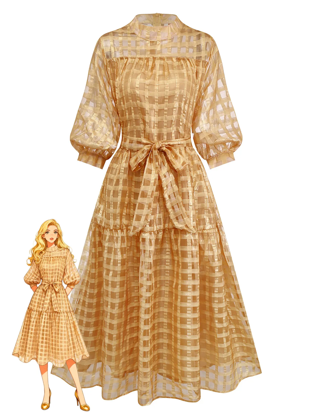 Gold 1940s Sheer Grid Puff-Sleeve Belted Midi Party Dress sold by Retro Stage