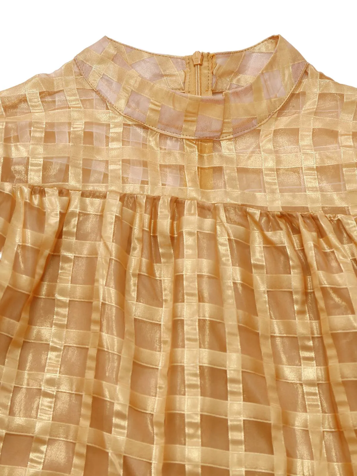 Gold 1940s Sheer Grid Puff-Sleeve Belted Midi Party Dress sold by Retro Stage product image thumbnail 5