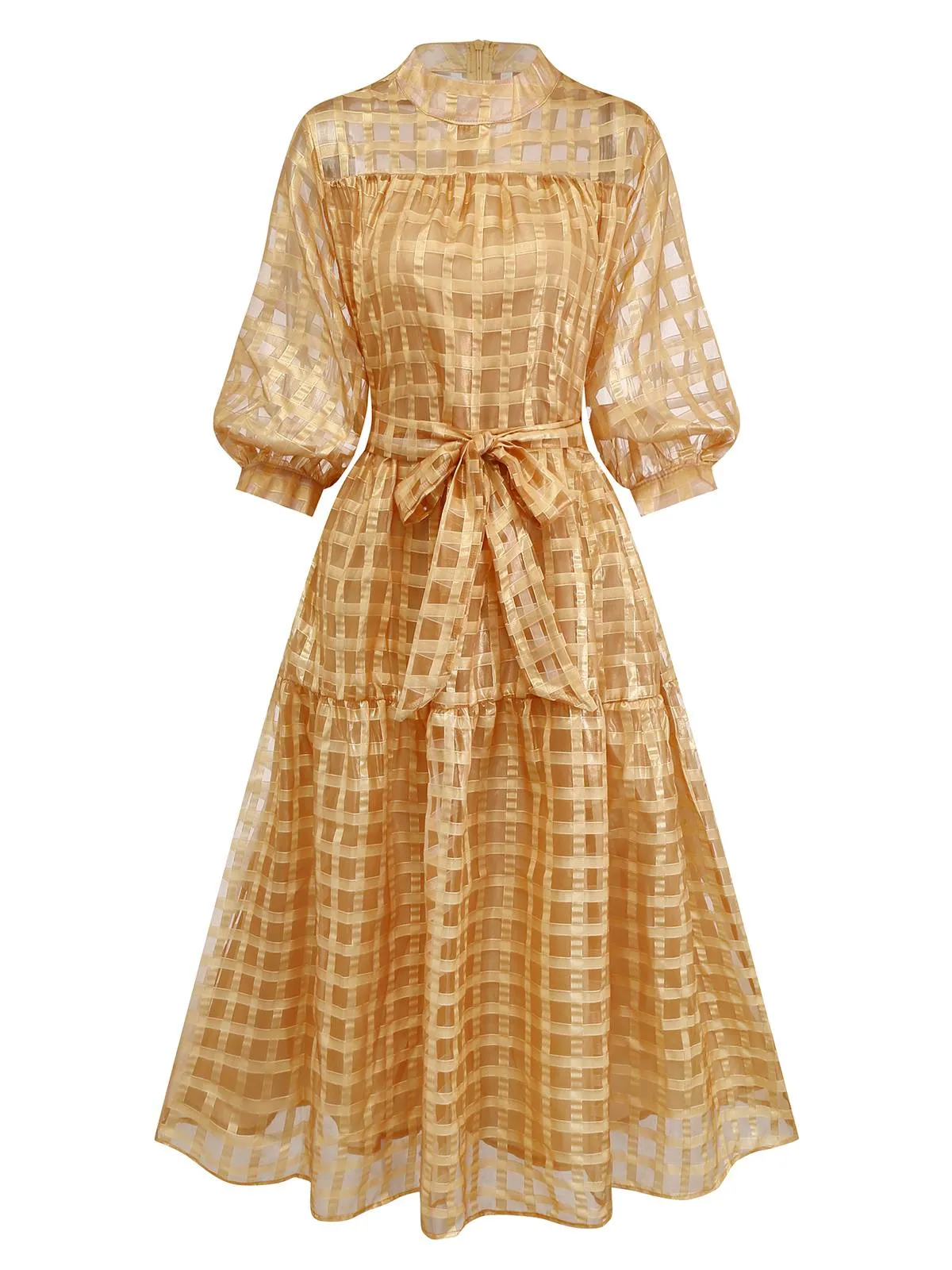 Gold 1940s Sheer Grid Puff-Sleeve Belted Midi Party Dress sold by Retro Stage product image thumbnail 2