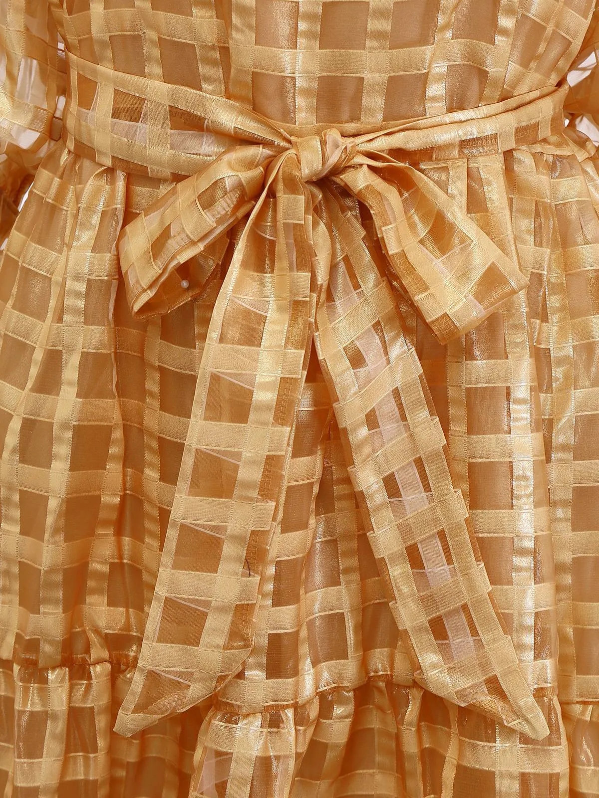 Gold 1940s Sheer Grid Puff-Sleeve Belted Midi Party Dress sold by Retro Stage product image thumbnail 4